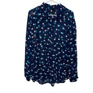 Lane Bryant Sheer Navy Polka Dot Button-Up Blouse 18/20